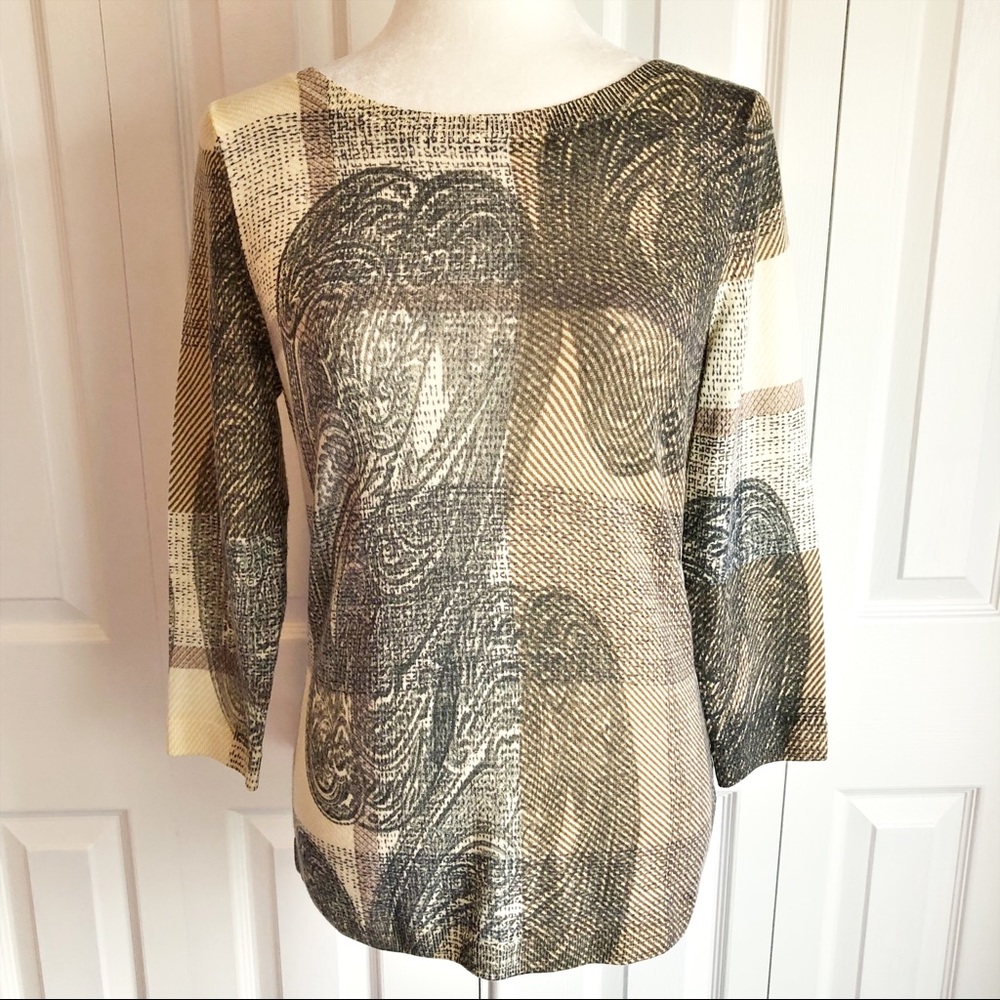Talbots Tan Brown Print Soft 100% Pure Merino Wool Print Sweater Small